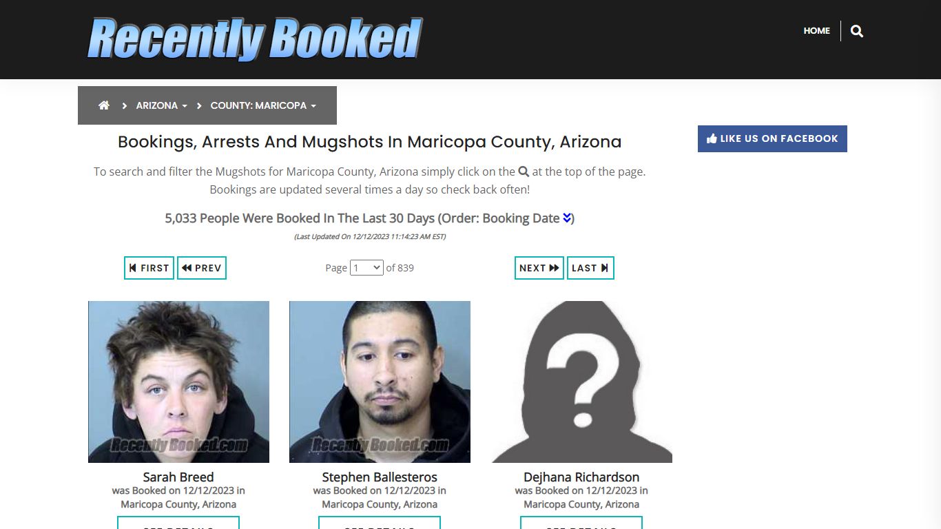 Bookings, Arrests and Mugshots in Maricopa County, Arizona